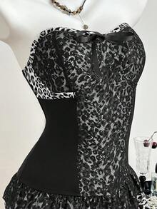 Elamini Áo quây ren họa tiết da báo thanh lịch dành cho nữ - màu đen - Xem 5