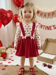 Cozy Pixies 2pcs Baby Girl Valentine's Day Heart Pattern Knit Soft Crew Neck Long Sleeve Top And Red Suspender Dress Set - Red - View 10