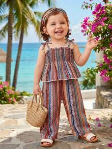 SHEIN Baby Girl Striped Frill Trim Camisole Top And Pants Vacation Set - Multicolor - View 1