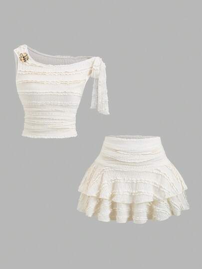 Sweetra Women's Apricot Metallic Flower Decor Spaghetti Strap Tank Top & Pleated Layered Mini Skirt, Summer