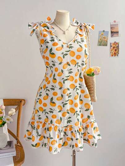Soleia 大码女式柠檬印花系带无袖连衣裙，适合夏季、春季、情人节穿着