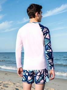 SHEIN Teenage Boys White Geometric Print Swimsuit,Long Sleeve Rash Guard & Shorts 2pcs Set,Sunscreen Surf Swimwear For Summer Beach Holiday Surfing Party - White - View 2
