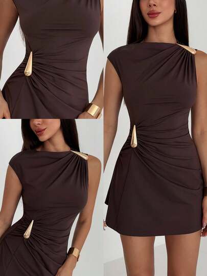Aloruh Brown Sleeveless Ruched Mini Dress For Women Casual Fitted Knitted Fabric With Asymmetrical Neck