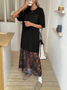 Easowa Áo thun nữ cổ tròn tay ngắn màu trơn dáng rộng phối ren, trang phục thời trang đi chơi và đi làm, 95% cotton, thoải mái, thích hợp cho ngày Valentine, phong cách thường ngày. - màu đen - Xem 6
