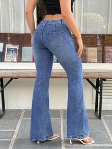 Flirla Quần jeans ống loe cạp thấp, giặt mài, phong cách thường ngày - Màu xanh lam - Xem 2