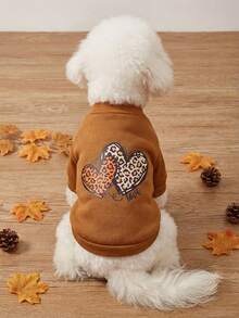 PETSIN 1件豹纹情书印花宠物服，大地黄运动风，厚实保暖的春秋季宠物服装 - 卡其色 - 查看 2