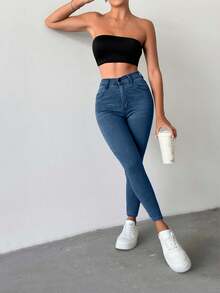 SHEIN Petite High Waist Casual Skinny Jean - Medium Wash - View 3