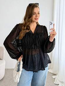 Shapeblank Blouse ample et confortable à pois jacquard transparente à manches longues avec lien, pour femmes grandes tailles, style printemps/été, décontracté, élégant, pour vacances - Noir - Voir 4