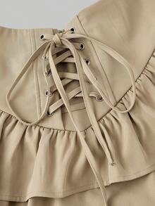 SHEIN MOD Petite 女士撞色简约休闲半身裙 - 卡其色 - 查看 3