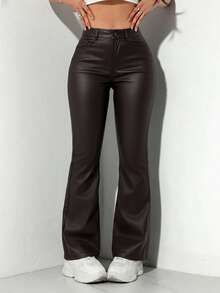 SHEIN PETITE Women's Solid Color PU Leather Pocket Casual Flared Pants - Coffee Brown - View 8