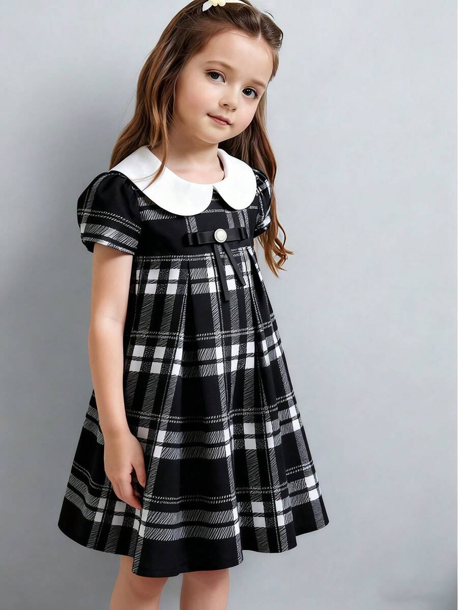 Elladie kids 女童彼得潘领格子学院风短袖连衣裙 - 黑色 - 查看 1