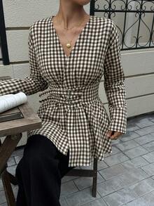 Siren Gaze 束腰双排扣双腰带长袖衬衫，柔软亲肤，杏色，适合工作和度假穿着。 - 卡其色 - 查看 3