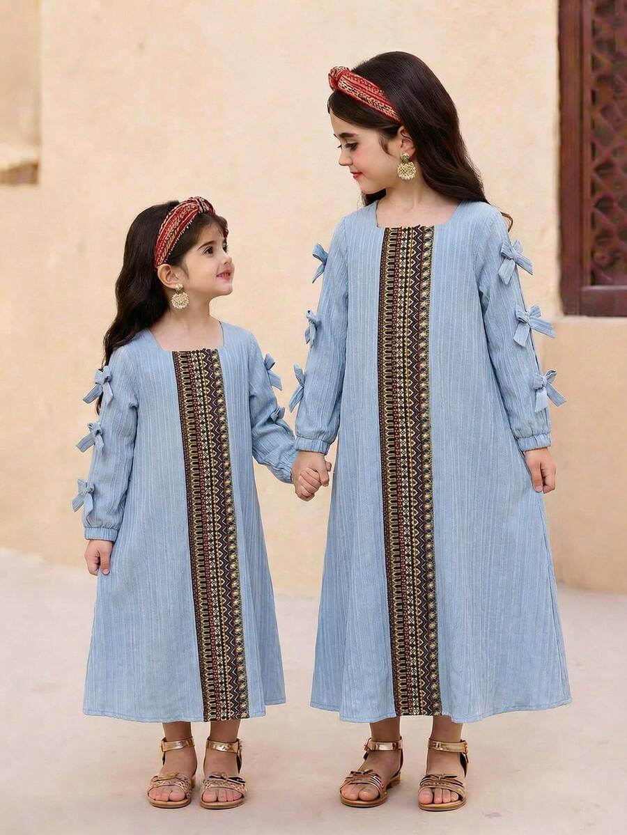 SHEIN DRMZ Young Girl Sky Blue Autumn Elegant Traditional Wedding Flamingo Print Long Sleeve Dress,Pink Floral Arabian,Kaftan Prayer Jalabiya Clothes - Blue - View 1
