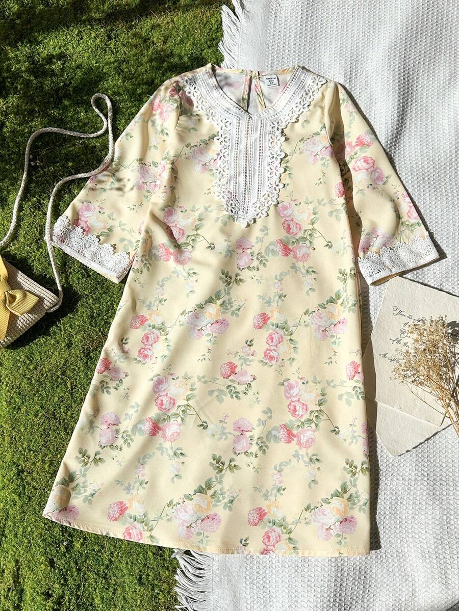 SHEIN Vintaside Kids 女童黄色碎花长袖连衣裙,时尚荷叶边设计休闲装 - 黃色 - 查看 1