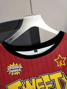 LOONEY TUNES X SHEIN Plus Size Summer Casual Striped Cartoon Pattern Round Neck Short Sleeve T-Shirt - White - View 3