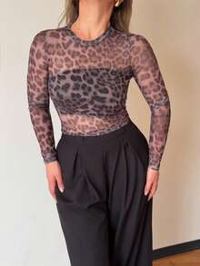 Jeta Ari Women's Fashionable Mesh Leopard Print Long Sleeve T-Shirt, Vacation Wear,Fall Women Clothes - Multicolor - View 3