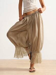 Bohemela 女士休闲梭织拼接蕾丝边宽松裤 - 綠色 - 查看 1