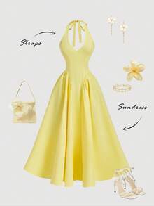 SHEIN MOD Women's Solid Color Minimalist Neck Tie Long Dress, Casual Everyday Wear, Spring/Summer, Valentine's Day Dress, Date Dress, Carnival Women, Beach Dress, Wedding Guest Dress For Women, Bridesmaid Dress, Elegant Dresses For Party, Vacation Dress, Goose Yellow Dress, Stunning, Chic, Halter Neck Dress, Tea Party Dress Yellow Maxi Dress Women Yellow Long Dress Yellow Sundress Women
