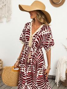 Breezaya 女士法式设计印花收腰飘逸流苏V领长款连衣裙，度假风 - 紅白色 - 查看 2