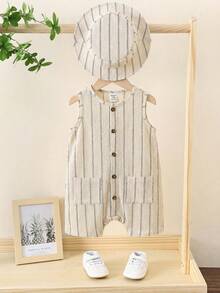 Baby Boy Striped Single-Breasted Round Neck Pocket Casual Sleeveless Romper - Multicolor - View 8