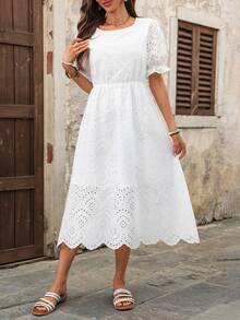 EMERY ROSE Women's Casual Vacation Style Solid Color Schiffy Bubble Sleeve Cinched Waist Shell Trim Dress, Summer - White - View 6