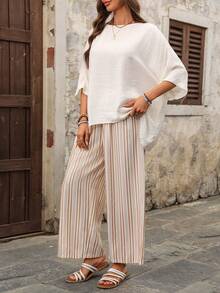 EMERY ROSE Women's Vacation Casual Solid Color Batwing Sleeve Shirt And Striped Pants 2-Piece Set Casual Outfit For Women   Casual Sets For Women  Summer Holiday Outfits Vacation Outfits For Women Ladies Casual Sets Two Piece Set Women Short Sleeve Summer Pants Sets Two Piece Set Women Comfy - White - View 8