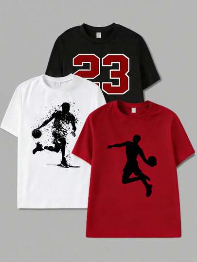 Vacaura Set de 3 camisetas de manga corta casuales para adolescentes, con estampado de silueta de baloncesto, cuello redondo, versátiles, para primavera/verano/otoño