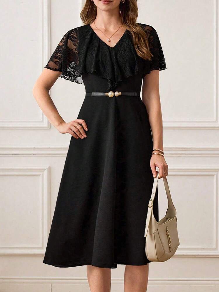 This Elegant Women's Dress, In Classic Black, Is Perfect For Both The Sophisticated Atmosphere Of New Year's Gatherings And The Romantic Ambiance Of Valentine's Day. The Floral Pattern Features A Delicate Lace Shawl Design On The Shoulders, Exuding A Refined And Feminine Charm. The V-Neck, Fitted Waist, And A-Line Skirt Design Flatter The Figure And Accentuate Elegant Curves, While The Lace Adds A Touch Of Lively Gentleness. Suitable For Spring And Autumn, It Can Be Layered Under A Coat Or Worn Alone For A Stylish Look. Perfect For Occasions Like New Year's Family Gatherings And Valentine's Day Dates, This Dress Combines The Sophistication Of A Black Dress With The Femininity Of Lace To Showcase Fashionable Taste. It's A Stylish And Sophisticated Piece To Add To Your New Year's And Valentine's Day Wardrobe.