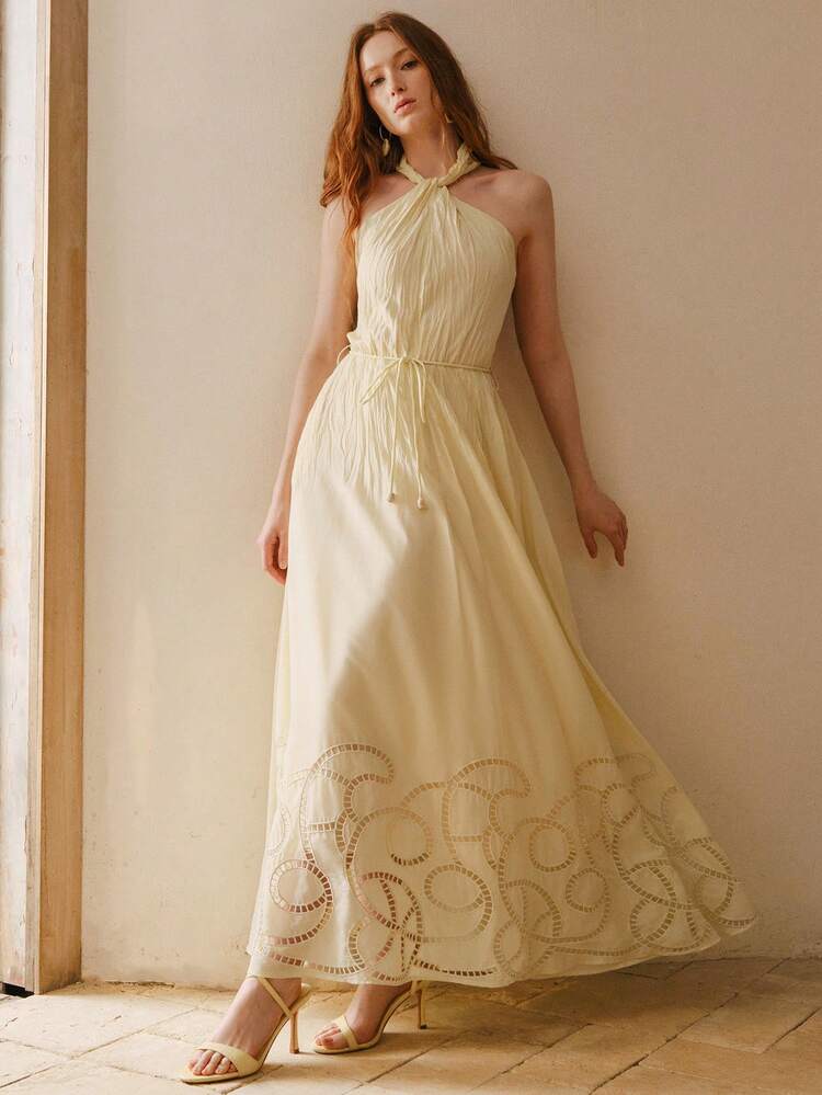 ROBE ÉLÉGANTE ÉVASÉE SANS MANCHES À BRODERIE AJOURÉE POUR FEMMES