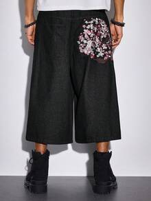 ROMWE MEN Street Life Bermudas casuales de mezclilla con bordado de sakura en el bolsillo para hombre - Azul - Ver 3