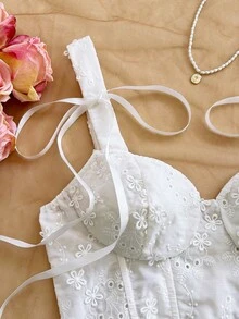 Soleia Women's Floral Embroidery Bow Decor Fashionable Versatile Top, Suitable For Dates And Parties,Summer Top - White - View 2