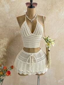 Soleia 2pcs/Set Solid Color Halter Backless Top And Knotted Skirt Sweater Set - Apricot - View 3
