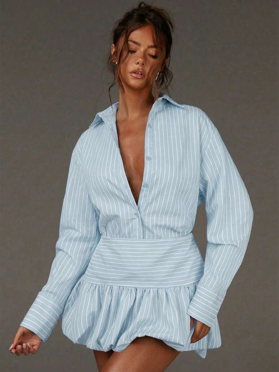 Athîral Casual Sets For Women,Fall Outfits For Women,Brown Bubble Skirt And Blouses,Brown Stripes - Baby Blue - View 1