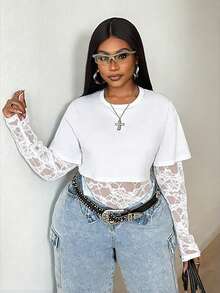Maweii Plus Size Summer Fashion Solid Color Contrast Lace Long Sleeve Bodysuit - White - View 4