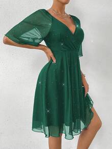 Rafferiza Mesh Embossed Ruffle Sleeve Waist Cinched Mini Dress - Green - View 7