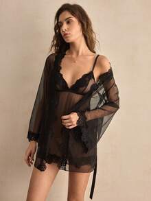 Charlaine 两件套黑色蕾丝拼接深V收腰连衣裙+睡袍，优雅精致浪漫法式睡衣套装 - 黑色 - 查看 7