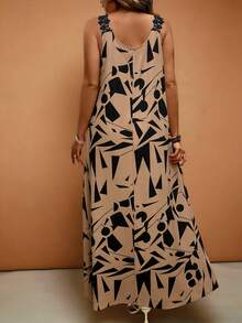 Linhara CURVE Đầm kiểu Pháp màu trơn viền ren dành cho nữ cỡ lớn, thích hợp đi nghỉ mát. - màu nâu - Xem 2