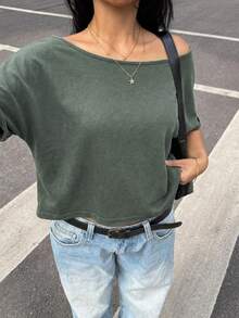 SHEIN Muchic 橄榄绿针织女式蝙蝠袖短袖宽松休闲T恤 深绿色上衣 军绿色上衣 不对称肩部T恤 鼠尾草绿上衣 橄榄绿上衣 军绿色上衣 - 軍綠色 - 查看 6