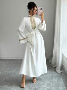 Elenzga 女士优雅闪亮休闲蕾丝腰身连衣裙 - 米色 - 查看 6