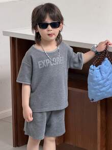 Dazy Kids 男童休闲落肩短袖T恤套装 - 深灰色 - 查看 6