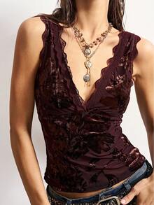 Bohemela Casual Floral Knit V-Neck Contrast Lace Women Vest