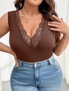 SHEIN Essnce Plus Size Women's Spring And Summer Fashion Elegant Casual Comfortable Sexy Deep V Lace Splicing Tight Tank Top,Curve Tops,Summer Outfits For Women,Sexy Black Tops,Valentines Clothes,Going Out Tops - Brown - View 1