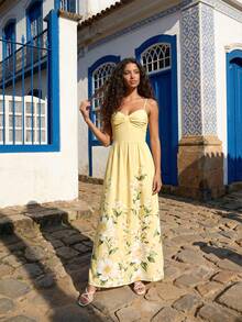 CAJUNI Đầm đi nghỉ mát không tay in hoa, kiểu dáng thường ngày. - Màu vàng - Xem 3