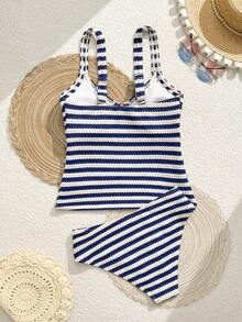 Swim Lushoire 2pcs Bikini Set For Spring/Summer, Fashionable T-Shirt And Women Beach Wear, Basic Camisole Top And High Waist Textured Striped Blue & White Tankini Bottom - Multicolor - View 6