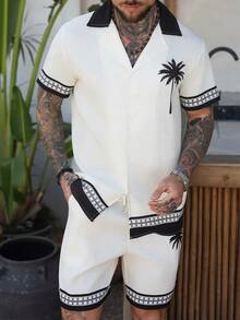 VENTUSAIL 男士几何棕榈树印花纽扣短袖衬衫和抽绳腰短裤套装 - 米色 - 查看 5