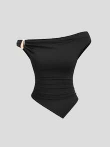 Sweetra 女士时尚纯色金属装饰扭结下摆不对称修身休闲T恤，适合日常穿着、约会、度假、通勤，百搭，黑色 - 黑色 - 查看 1