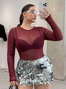 GalTyme Mono de manga larga transparente de malla para mujer de talla grande, blusas para salir, atuendos de rave y festivales, ropa de primavera y verano - Burdeos - Ver 4