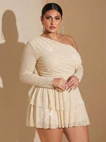 SHEIN BAE Đầm mini dáng dài màu đen bóng lấp lánh, chất liệu lưới, dành cho nữ, kiểu dáng thanh lịch, ngọt ngào và gợi cảm, với phần vai lệch bất đối xứng và viền xếp tầng bồng bềnh. - Màu be - Xem 4