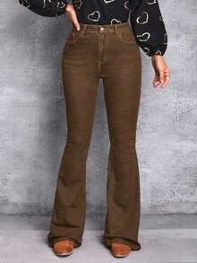 SHEIN Tall Women's High Waist Pockets Casual Versatile Flare Jeans - Khaki - View 4