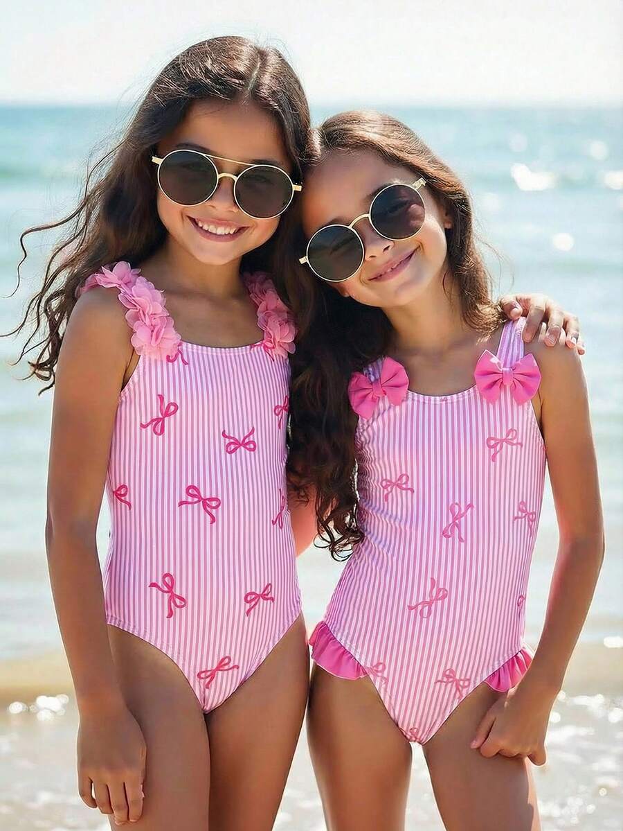 Emery Rose Kids Emery Rose Kids Traje de baño de una pieza con decoración de flor 3D y lazo a rayas para niña - Rosa - Ver 1